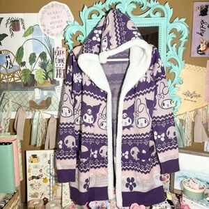 My Melody Kuromi Purple Sherpa Hooded Open Cardigan Sweater Sanrio Size Small